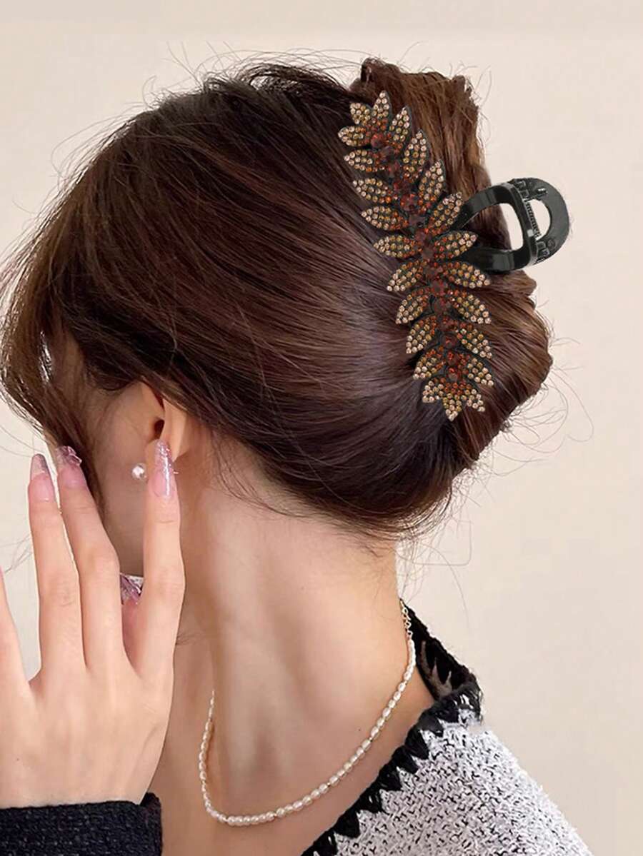 1個12cm橙色葉子鑲嵌鑽石髮夾