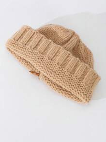 1pc Unisex Teenagers' Simple & Stylish Brown Knit Beanie With English Label Decoration, Suitable For Daily Wear And Keeping Warm In Fall/winter - Khaki - View 5