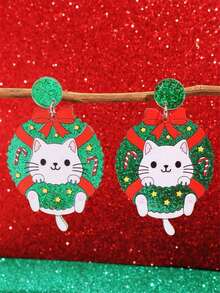 1 對可愛卡通紅色蝴蝶結薑餅卡哇伊小貓耳環小狗耳環時尚亞克力節日珠寶吊墜耳環適合女孩作為送給家人和朋友的禮物