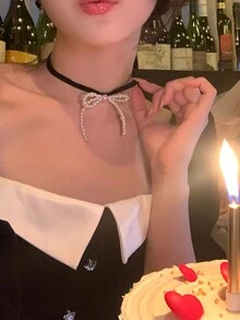 1 Miếng Thanh lịch Nhung Bowknot Trân châu Dây chuyền Đối với Cô gái tuổi teen , Phong cách Hàn Quốc Đơn giản Toàn trận Xương quai xanh Chuỗi - trắng - Xem 5