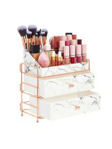 Glamlily White Marble Makeup Organizer With Rose Gold Trim, Cosmetic Storage Drawers For Vanity (9.5 X 9.5 X 5.5 In) - White - View 6