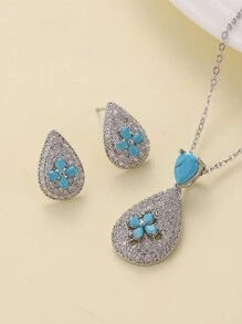 3 件套 18K 镀金水滴形绿松石和方晶锆石耳环项链首饰套装，适合日常佩戴和节日礼物 - 藍色 - 查看 13
