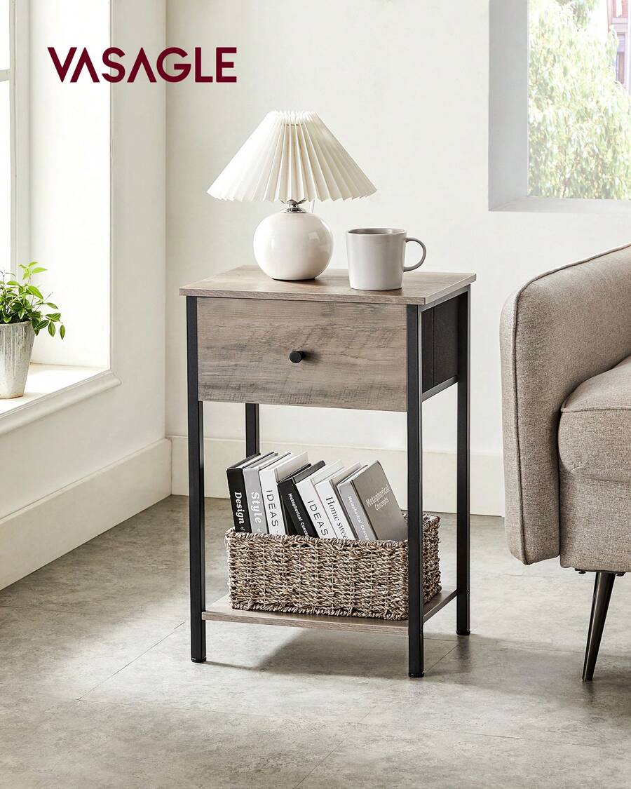 Nightstand With Drawer, End Table, Bed Side Table, Small Table, Tall Night Stand With Fabric Storage And Shelf For Bedroom, Dorm, Easy Assembly - 坯布和黑色 - 查看 1