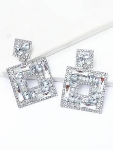juran 1對幾何方形形狀的鑲嵌鑽石派對耳環 - 白色 - 查看 2