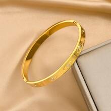 1 件金色不鏽鋼鍍金立方氧化鋯眼睛開口袖口手鍊,時尚復古甜美酷設計,適合男士女士情侶派對日常佩戴 - 金色 - 查看 2