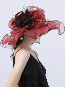 HIMESPORT 紅色絲綢禮帽女士婚禮禮帽優雅寬邊費多拉肯塔基德比帽茶會帽 - 紅色 - 查看 4
