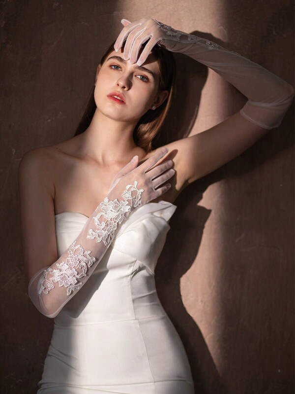 1pair Women's Long Lace Flower Bridal Wedding Gloves, Suitable For Wedding, Evening Party, Wedding Dress Accessories Valentine's Day Autumn Accessories