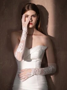 1pair Women's Long Lace Flower Bridal Wedding Gloves, Suitable For Wedding, Evening Party, Wedding Dress Accessories Valentine's Day Autumn Accessories