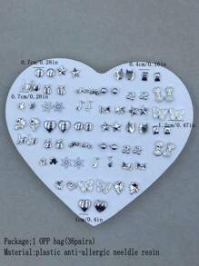 36 对女士各式塑料防过敏耳钉套装，带有心形、星星、蝴蝶、皇冠和音符图案 - 銀色 - 查看 4