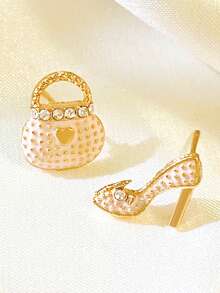 一對創意時尚簡約百搭彩色高跟鞋包包不對稱鑲鑽耳環,適合女性日常佩戴和送給朋友做小禮物 - 米色 - 查看 2