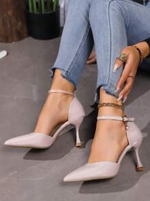 女式高跟涼鞋,性感尖頭針跟鞋,露空心設計,絲緞鞋面,腳踝扣帶,露趾,夏季必備 - 米色 - 查看 2