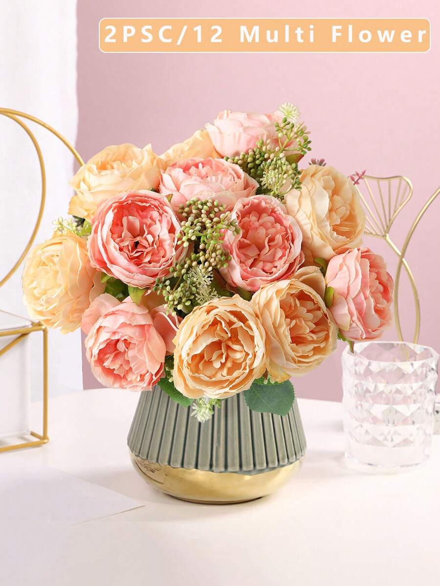 2入組/套復古風格6朵頭人造玫瑰花束,適用於家居裝飾,婚禮活動,新娘花束,桌面中心等 - 香檳色 - 查看 1