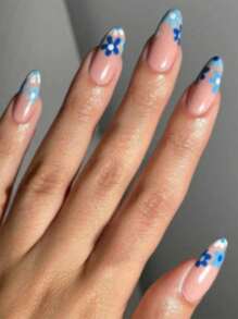 立即使用 24 件三色花朵混合磨損美甲藝術升級您的外觀,適合女士和女孩完全覆蓋假指甲 - 彩色 - 查看 1