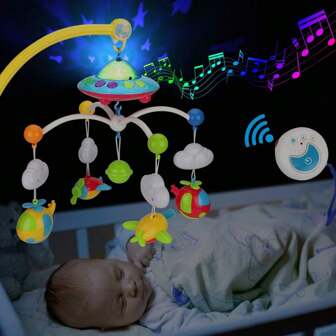 Musical Baby Crib Mobile Toy with Lights and Music, Star Projector Function and Cartoon Rattles, Remote Control Musical Box with 108 Melodies, Toy for Newborn Sleep