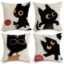 4pcs Cute Black Line Cat Pattern Pillow Case Set, Breathable And Stain-resistant Linen Single-sided Printed Pillow Suitable For Home And Living Room Decoration - Multicolor - View 1