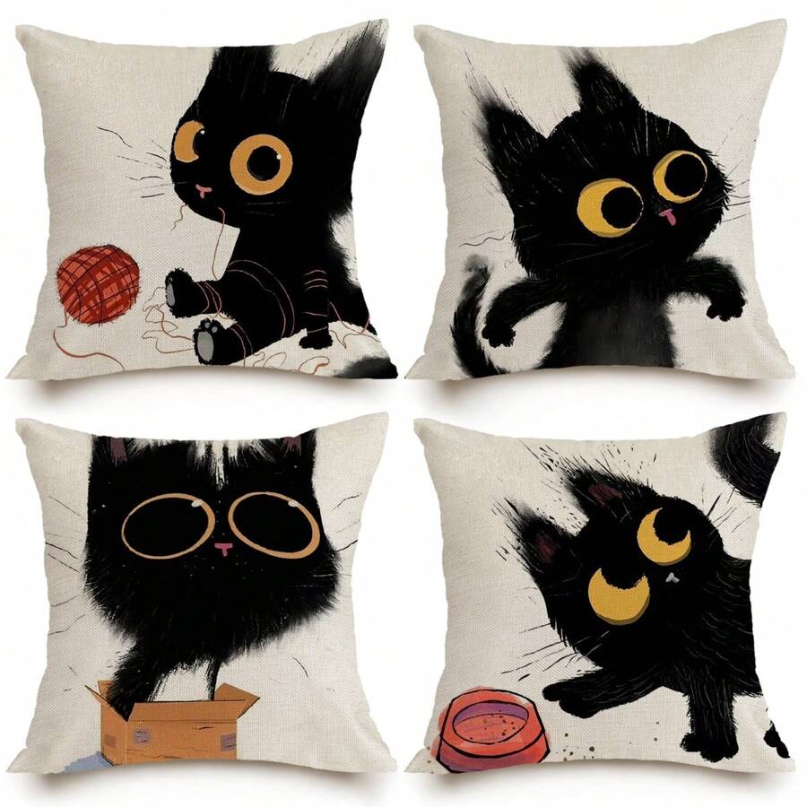 4pcs Cute Black Line Cat Pattern Pillow Case Set, Breathable And Stain-resistant Linen Single-sided Printed Pillow Suitable For Home And Living Room Decoration - Multicolor - View 1