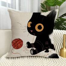 4pcs Cute Black Line Cat Pattern Pillow Case Set, Breathable And Stain-resistant Linen Single-sided Printed Pillow Suitable For Home And Living Room Decoration - Multicolor - View 2
