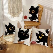 4pcs Cute Black Line Cat Pattern Pillow Case Set, Breathable And Stain-resistant Linen Single-sided Printed Pillow Suitable For Home And Living Room Decoration - Multicolor - View 5