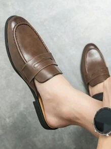 Men's Summer Half Slipper 2024 New Style Driving Loafers With Closed Toe, Breathable Casual Leather Mules Slouchy Slippers - Brown - View 6