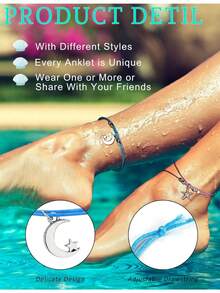 25入組蝴蝶龜心形星形海星手織防水腳鏈，波西米亞夏季足飾，可調式腳踝、腰間鏈 - 黑色 - 查看 3