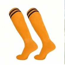 运动户外足球袜，长筒及膝运动足球运动队袜，带条纹，适合青少年、男士、女士、垒球、棒球、橄榄球（1 双） - 橘色 - 查看 2