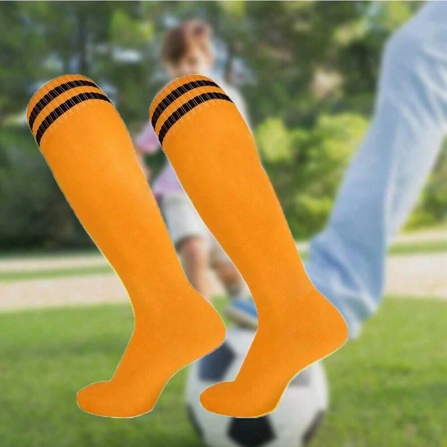 运动户外足球袜，长筒及膝运动足球运动队袜，带条纹，适合青少年、男士、女士、垒球、棒球、橄榄球（1 双） - 橘色 - 查看 1