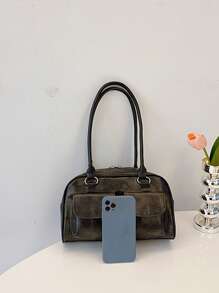 1个极简复古拉链开口单肩包，带口袋装饰，双提手手提包，适合女士休闲通勤，日式风格包包，复古女包，街头风日系包包 - 黑色 - 查看 4