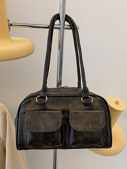 1 Bolso Minimalista Retro con Cremallera y Hombro Descubierto, Decoración de Bolsillo, Doble Asa, Adecuado para Uso Diario y de Ocio de Mujeres, Bolso de Estilo Japonés de Moda