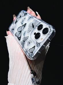 1pc Black Butterfly Soft Air Cushion Phone Case Compatible With Apple Iphone Xr/11/12/14/15 Pro Max, Crystal Strap Attached