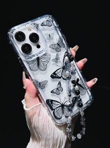 1pc Black Butterfly Soft Air Cushion Phone Case Compatible With Apple Iphone Xr/11/12/14/15 Pro Max, Crystal Strap Attached