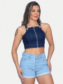 Women Denim Tops - 深色水洗藍 - 查看 5