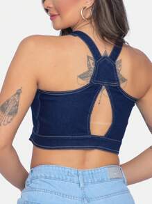 Women Denim Tops - 深色水洗藍 - 查看 2