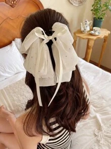 1pc Rhinestone Decor Bowknot Hair Claw With Streamers, Exaggerated Style, Suitable For Festivals And Holidays - Beige - View 2