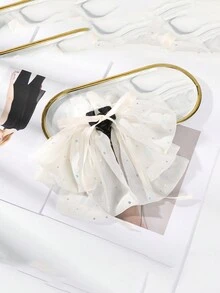 1pc Rhinestone Decor Bowknot Hair Claw With Streamers, Exaggerated Style, Suitable For Festivals And Holidays - Beige - View 3