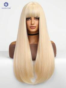 Black Long Straight Wigs For Women, Natural Black Synthetic Wigs With Bangs, Elegant Beautiful Natural Looking Heat Resistant Synthetic Wig Daily Party Use - 金色 - 查看 9