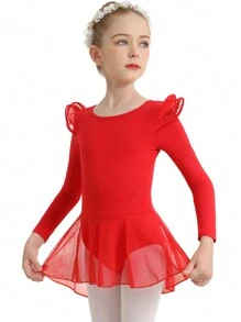 A Girl Ballet Dance Leotard Long Sleeve Fine Mesh Skirt Leotared for Dance - Red - View 1