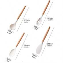 14pcs Wooden Handle Silicone Kitchen Utensils Set For Non-stick Cookware, With Storage Bucket For Home Kitchen - Black - View 5