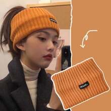 1頂女式針織帽,寬邊頭帶設計,時尚且保暖,適用於耳部和前額保護,秋冬季節 - 橘色 - 查看 1