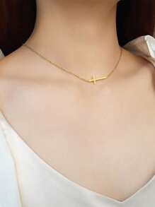 1pc Cute Stainless Steel Cross Necklace For Women For Daily Wearing - Yellow Gold - View 1