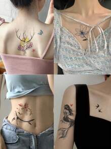 暫時性刺青貼紙,6張簡單可愛的混合花紋紋身貼紙,帶花,鹿,海豚,人魚和月亮圖案的防水暫時性刺青貼紙,動物和植物,彩色花卉水轉移假刺青貼紙,適用於手臂,肩膀和腿部,適合女性和女孩 - 彩色 - 查看 4