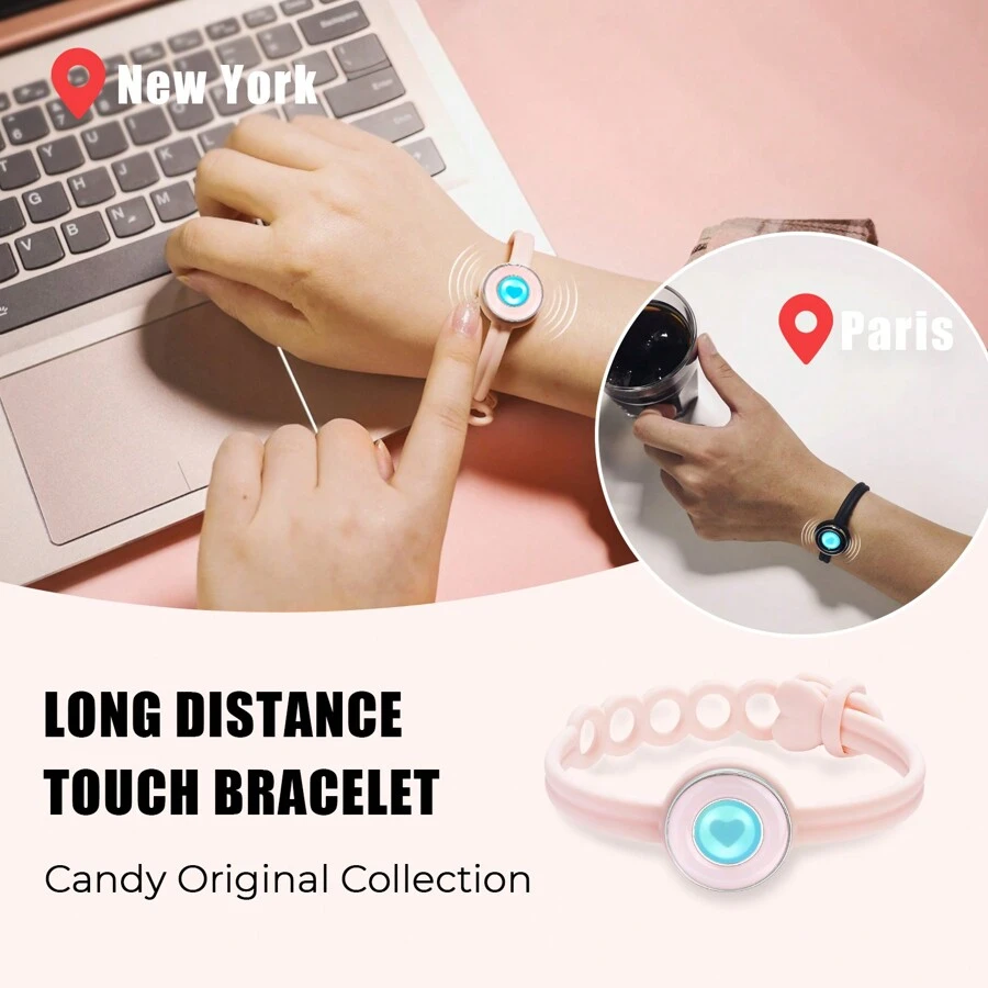 Totwoo Candy Collection-Long Distance Touch Single Bracelet-Colorful Band Bracelet, Vibration & Light Up For Love Couples Bracelet | Long Distance Relationship Gifts For Girlfriend Bluetooth Pairing Jewelry- Stay Connected Anytime, Anywhere - 粉色 - 查看 1