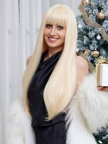 Black Long Straight Wigs For Women, Natural Black Synthetic Wigs With Bangs, Elegant Beautiful Natural Looking Heat Resistant Synthetic Wig Daily Party Use - 金色 - 查看 6