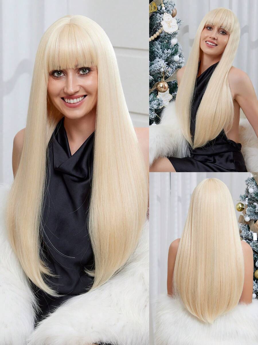 Black Long Straight Wigs For Women, Natural Black Synthetic Wigs With Bangs, Elegant Beautiful Natural Looking Heat Resistant Synthetic Wig Daily Party Use - 金色 - 查看 1