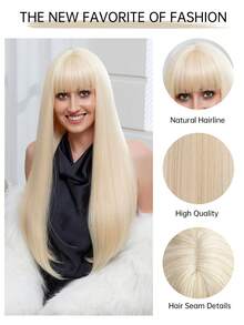 Black Long Straight Wigs For Women, Natural Black Synthetic Wigs With Bangs, Elegant Beautiful Natural Looking Heat Resistant Synthetic Wig Daily Party Use - 金色 - 查看 8