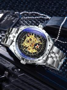 JARAGAR 1件男士時尚運動鏤空自動機械腕錶，夜光指針，頂級品牌不鏽鋼錶帶，商務休閒軍風個性化男錶 - 銀色 - 查看 7