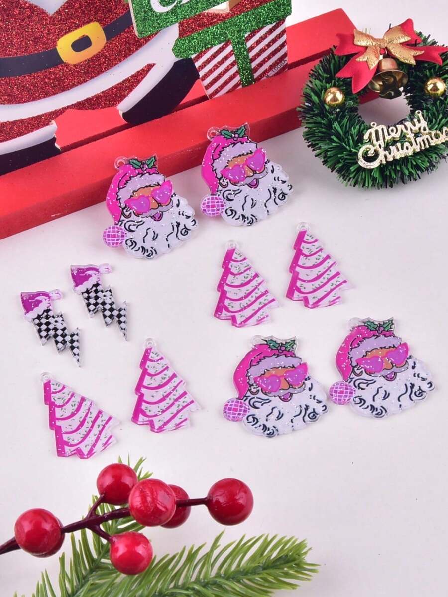 10pcs/Set Fashion Pink Santa Claus, Christmas Tree, Lightning Acrylic Jewelry DIY Earrings, Necklace Pendant - Multicolor - View 1