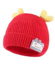 1 Winter Double Love Knitted Hat Solid Color Label Thermal Lined Warm Knitted Hat - Red - View 4