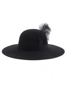 Feather Decor Wide Brim Felt Hat - Black - View 4