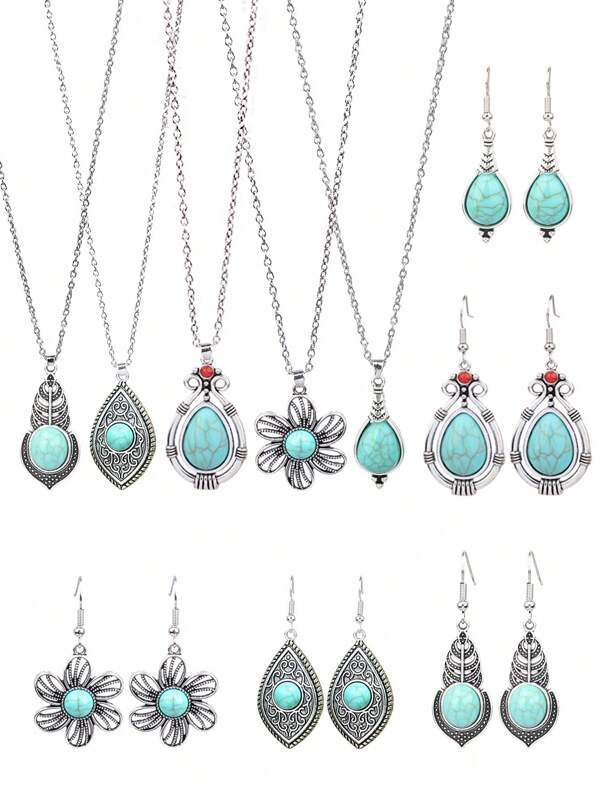 TopHanqi 15pcs Vintage Geometric Zinc Alloy Pendant Necklace With Turquoise Decorations For Women, Earrings & Necklace Set, Multiple Combinations Available