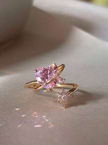 1pc High-end elegant light luxury cute heart powder  children open mouth ring - Pink - View 5